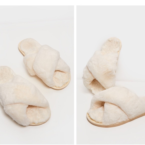 Cream Fluffy Cross Strap Slippers - Picture 2 of 2